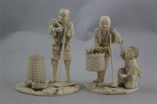 Two Japanese ivory sectional okimono, early 20th century, 12.5cm & 13.5cm